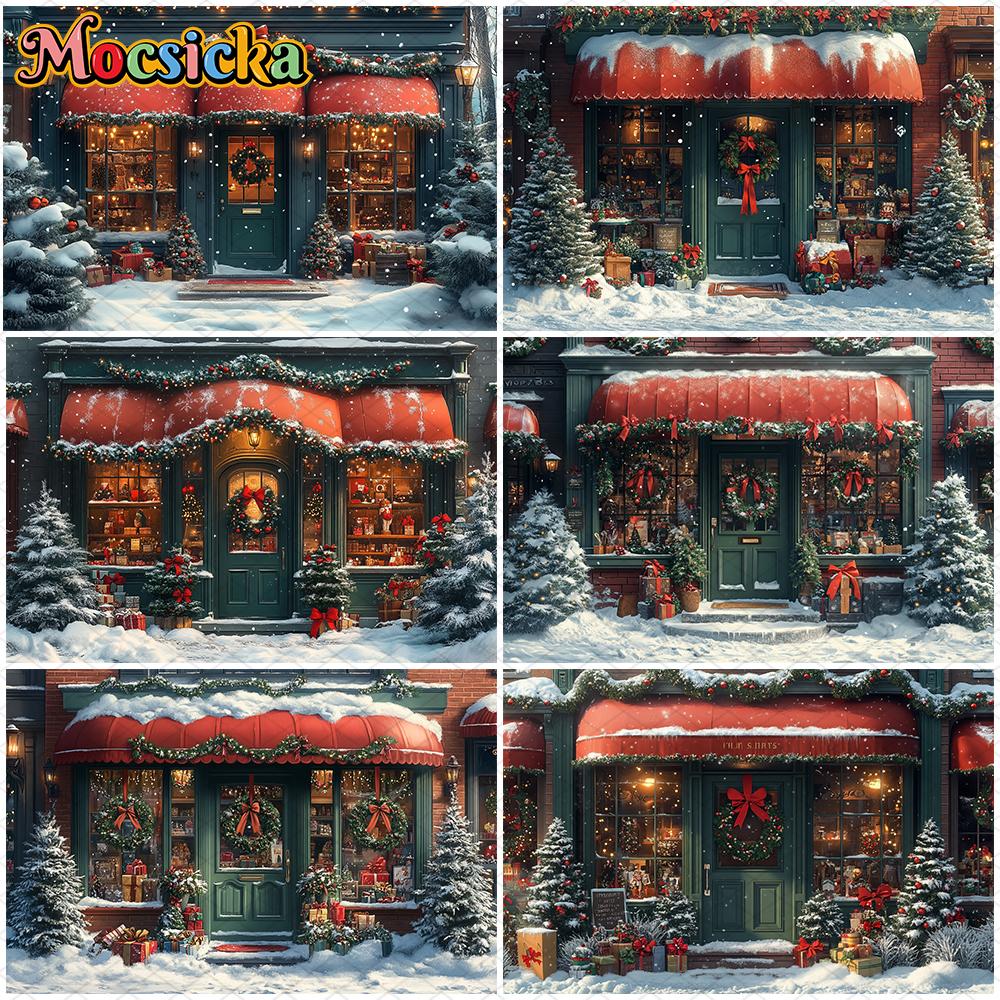 Mocsicka Christmas Store Backgrounds Photography Snowflake House Tree Children Baby Photo Backdrop Gifts Shop Decorations Banner