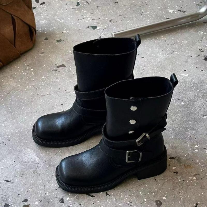 Cowhide Edition~ Genuine Leather Black Martin Boots Women's Thick Heel Round Head Medium Boots Belt Buckle Spice Girls Vintage Western Boots