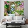 Cherry Blossoms Green Trees River Bridge Nature Tapestry Stone Arch Mountain Waterfall Landscape For Bedroom Living Room Dorm