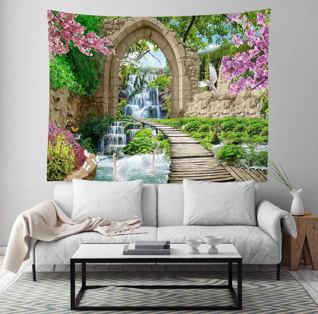 Cherry Blossoms Green Trees River Bridge Nature Tapestry Stone Arch Mountain Waterfall Landscape For Bedroom Living Room Dorm
