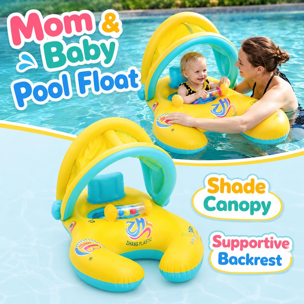 1PC Parent Child Baby Pool Float with Removable Canopy, Inflatable Swim Ring Seat Backrest, Sunshade Water Toy for Swimming Pool
