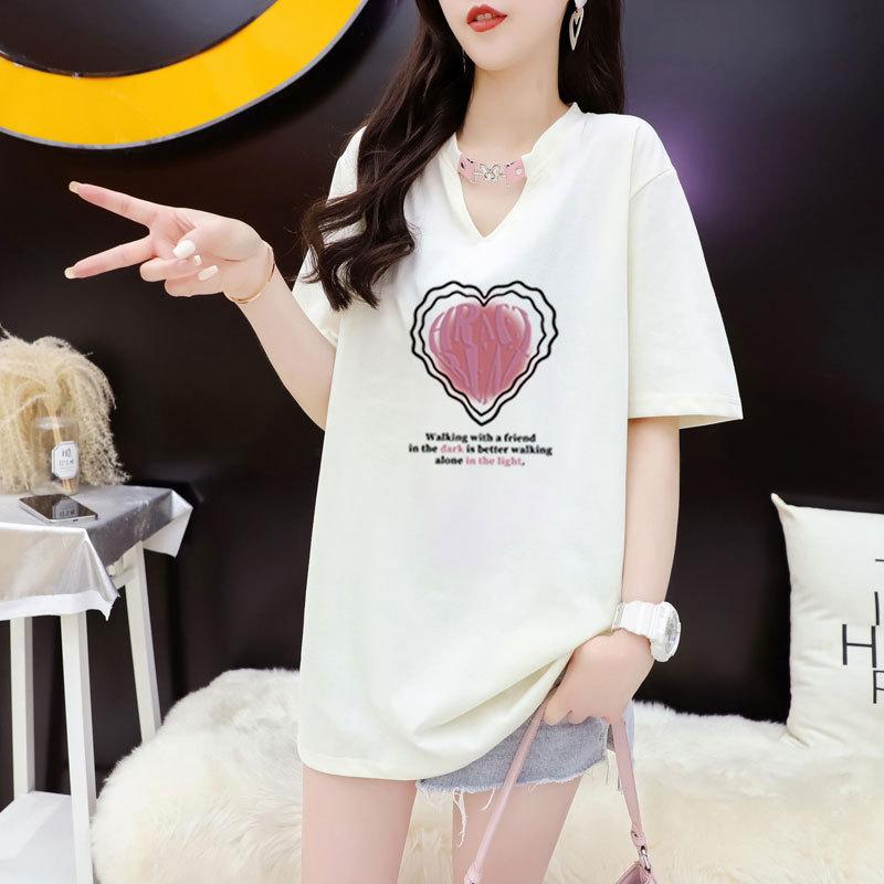 

Трендовая футболка с V-образным вырезом, короткими рукавами и кожаной пряжкой для женщин, свободный летний топ в корейском стиле с принтом 3XL абрикосовый