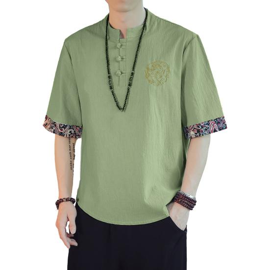 Pánské tričko s stojáčkem, čínský vintage styl, jednobarevný tištěný vyšívaný volný poloviční rukáv, měkké, plus velikost