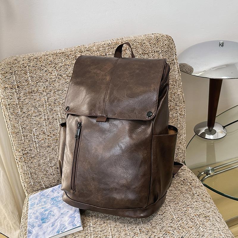 

Retro Hong Kong style PU soft leather texture backpack men s large-capacity American schoolbag female college student computer backpack waterproof