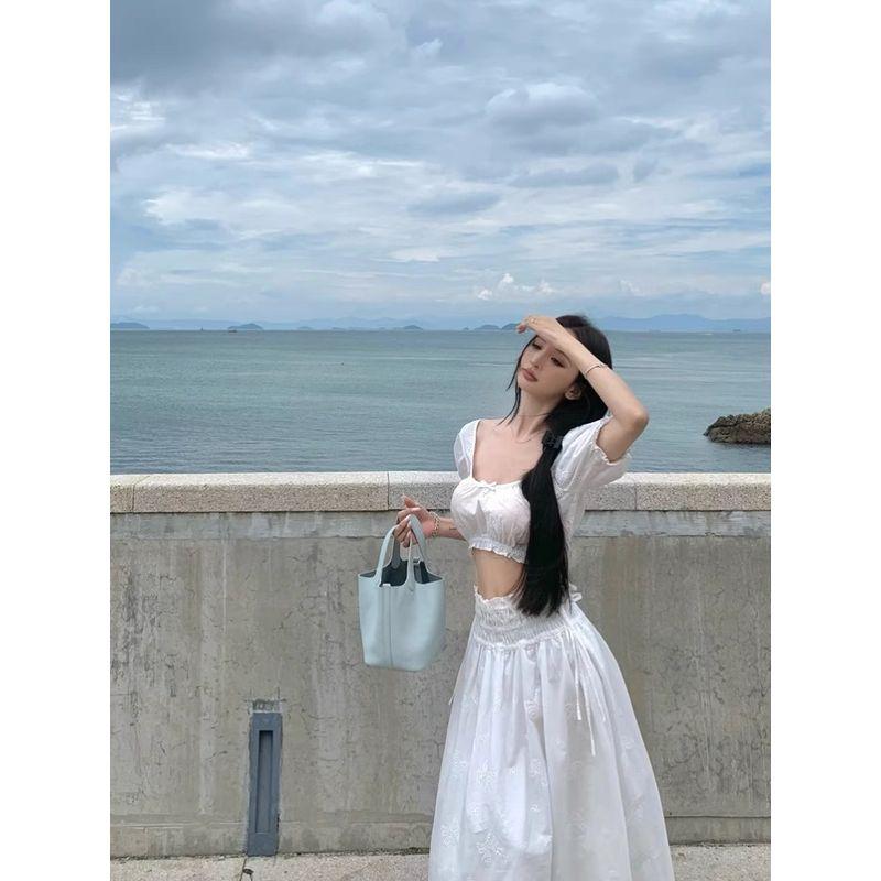 Kumikumi Fashion Set French Style Puff Sleeve U Collar Shirts Women Summer Loose Pleat Skirt Two-piece Set