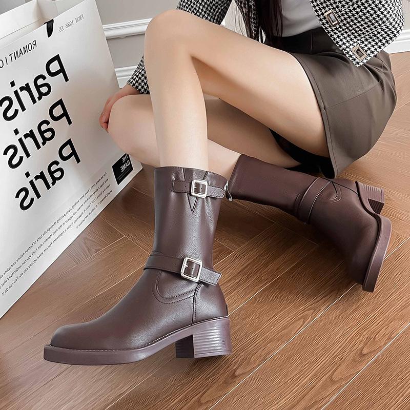 Retro Western Cowboy Boots Women's 2025 Autumn and Winter New Brown Martin Boots Medium and High Thick Heel Knight Boots Short Boots Women