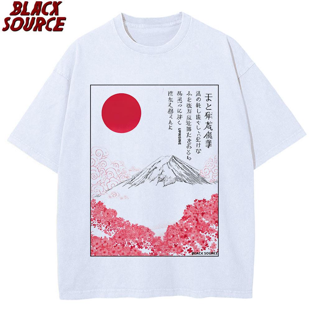 T Mount Fuji Cherry Blossoms Prints Washed TShirts Womens Cotton Short Sleeve Tops Summer ONeck Oversized T Shirt Basic