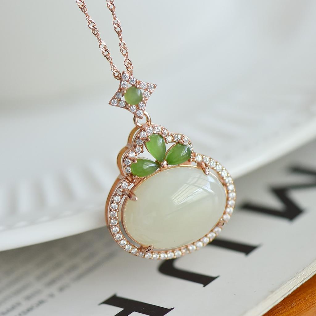 Xinjiang Hotan Jade S925 Silver Inlaid Jade Pendant Necklace Women's Birthday Gift for Girlfriend and Wife