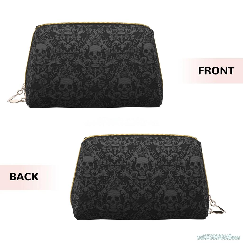 Gothic Black Skull Damask Women Leather Cosmetic Bag Large Capacity Waterproof Toiletry Bag Portable Casual Travel Makeup Bag