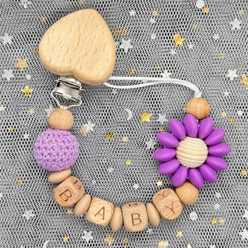 Individueller Personalisierter Name Handgefertigt Buchenholz Schnullerclip Halter Kette Silikon Krone Perle Beißring Baby Zahnen Geschenk