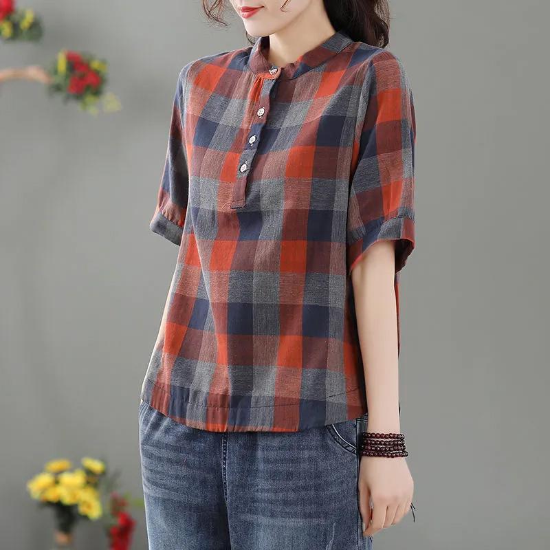 

Топы женские хлопковые летние футболки больших размеров свободные винтажные клетчатые повседневные топы повседневные пуловеры футболки топы L