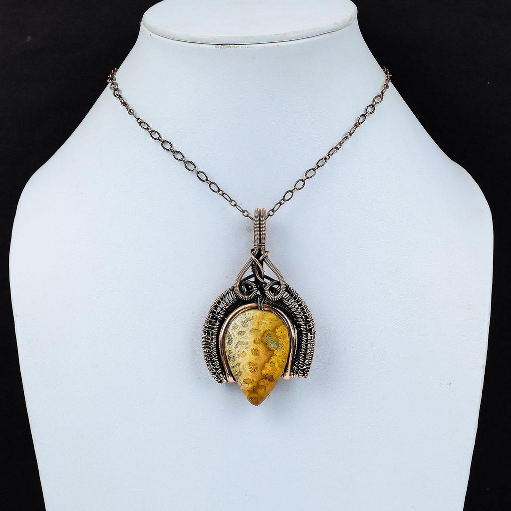 Amazing Fossil Coral Gemstone Handmade Pure Copper Wire Wrapped Pendant Jewelry