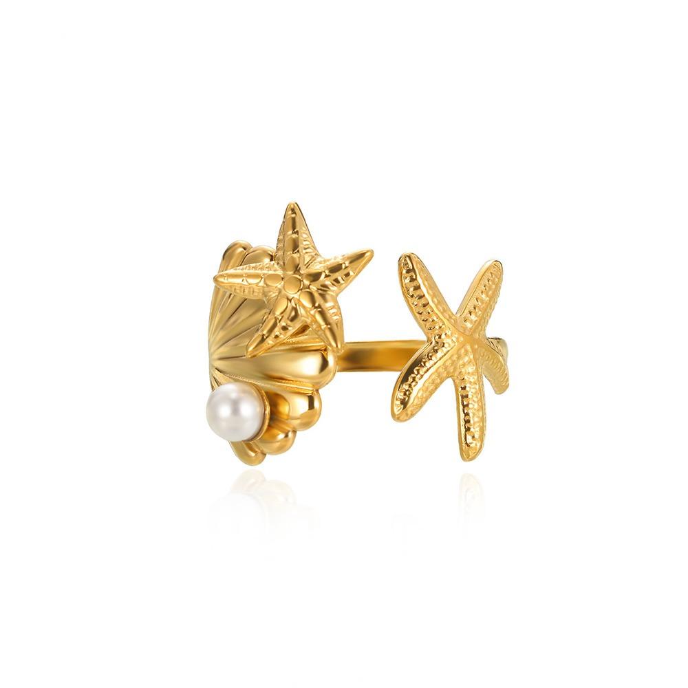 Vintage Conch Starfish Ring For Women Gold Color Stainless Steel Open Adjustable Wedding Summer Beach Party Ocean Jewelry Gift