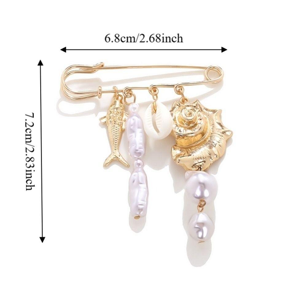 Gold Tone Ocean Element Brooch Pearl Pendant Exaggerated Color Tropical Fish Brooch Mermaid Tail Design Starfish Coral