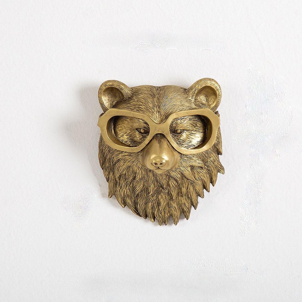 Nordic Bronzed Resin Animal Head Sculpture Pendant with Glasses Wall Mounted Bear Mouse Statue Figurine Hanging Pendant Ornament