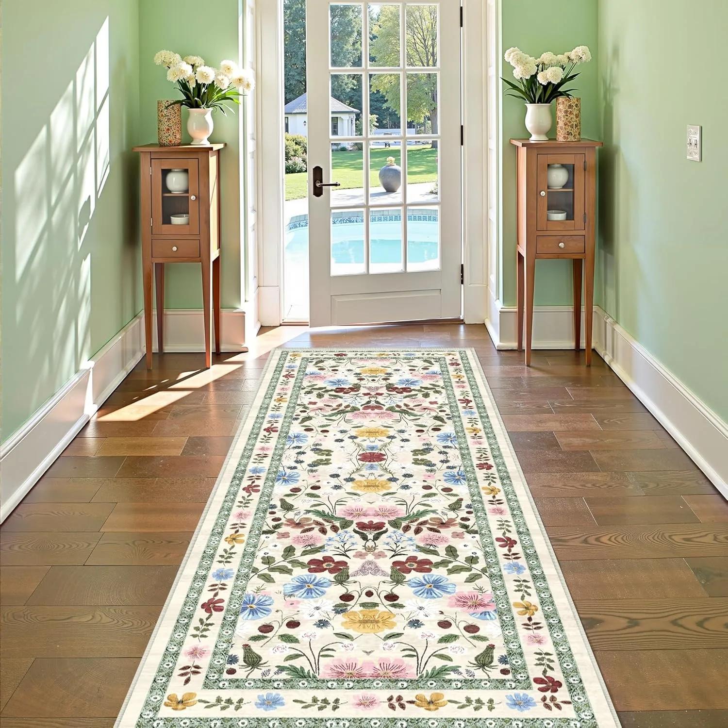

Ковер-дорожка с цветочным рисунком для прихожей, мягкий ковер с ботаническим рисунком, длинный ковер для спальни, нескользящий напольный коврик, машинная стирка, кухонный ковер, украшение для дома 50x160cm