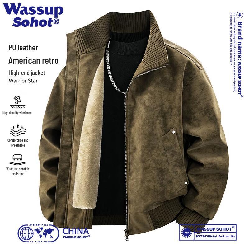 Wassup Sohot American Style Stand-Collar Tie-Dye PU Leather Bomber Jacket