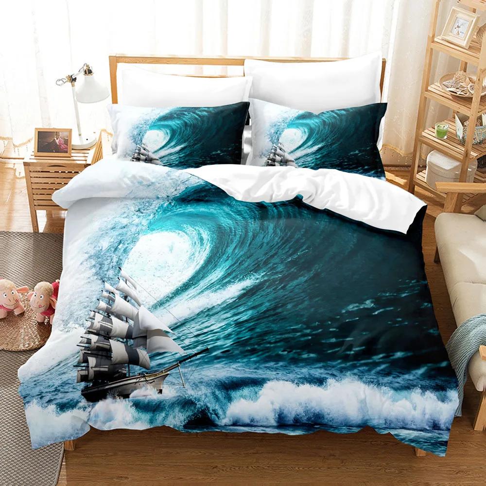 Vintage Sailboat Duvet Cover Nautical Ocean For Children Teen Adult Ship Fire Black Retro Style Polyester Quilt Cover Room Decor