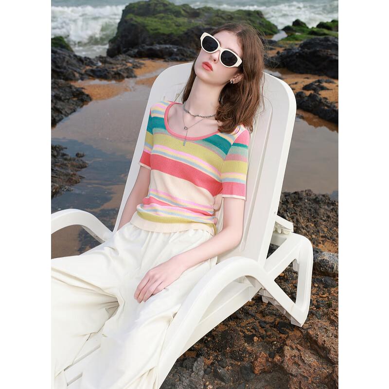 

Sancai Women s Rainbow Stripe Short Sleeve Knit Top S