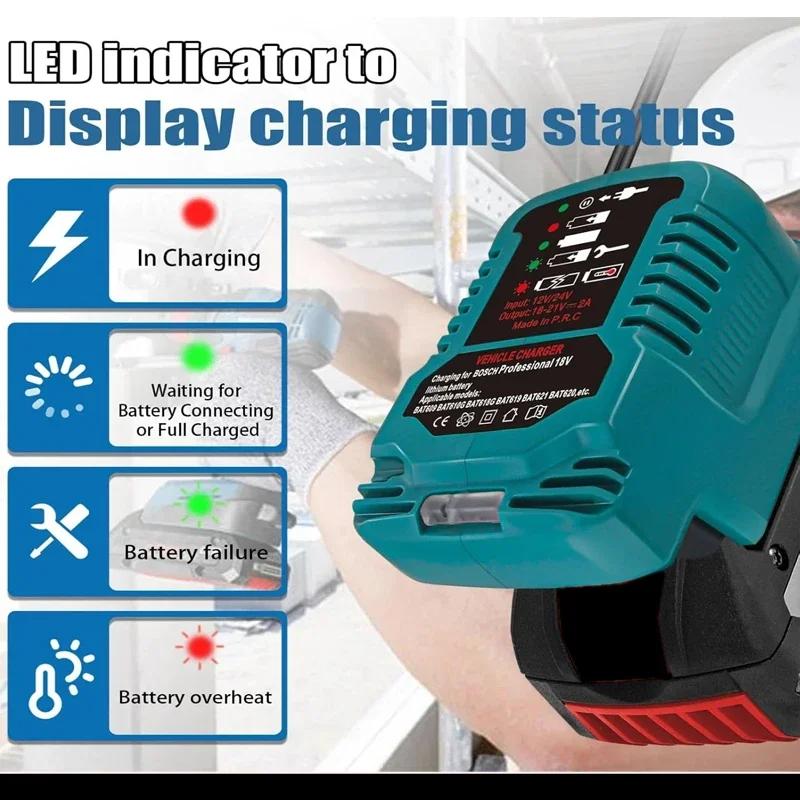 Bilbatterilader For Bosch 18V Li-ion Batterilader Kompakte Ladere med LED-indikator Sigarettennerplugg Kjøretøy