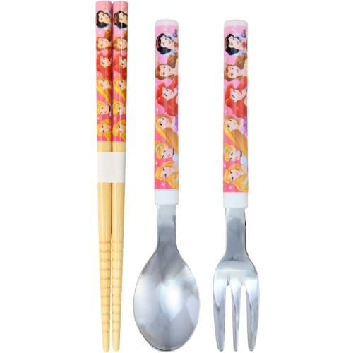 Yaxell Disney Princess 3-Piece Children's Tableware Set (Chopsticks, Spoon, Fork) - Made in Japan, Antibacterial, Dishwasher Safe