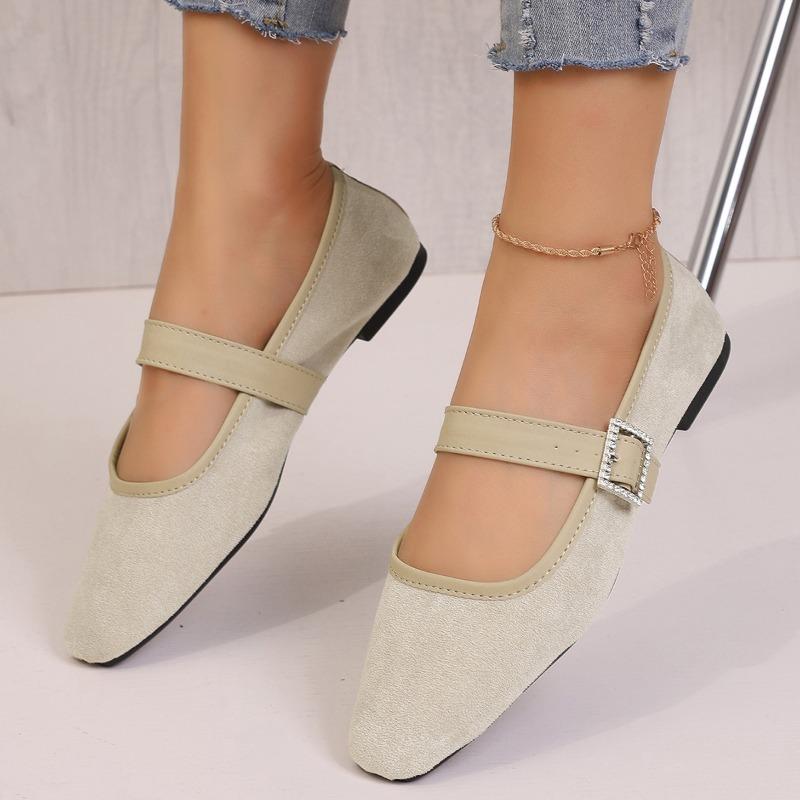 Women's Retro Suede Elegant Square Toe Pumps Flat Heel Single Shoes Women's Fall One Line Strap Low Heel Mary Jane Shoes