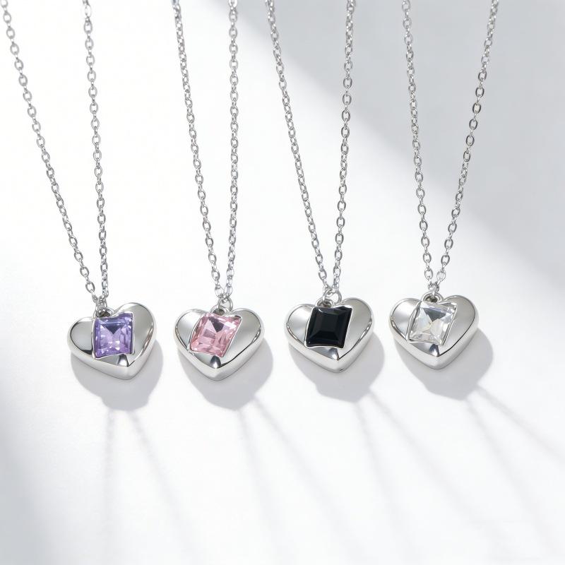 Crystal Heart Pendant Necklace - Multiple Colors, Silver Clavicle Chain, Fashion Jewelry