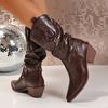 Braune Westernstiefel aus PU-Leder für Damen, sexy, spitz zulaufend, mit dickem Absatz, mittelhoch geschnitten, zum Hineinschlüpfen, modische Stiefel in Übergröße 42