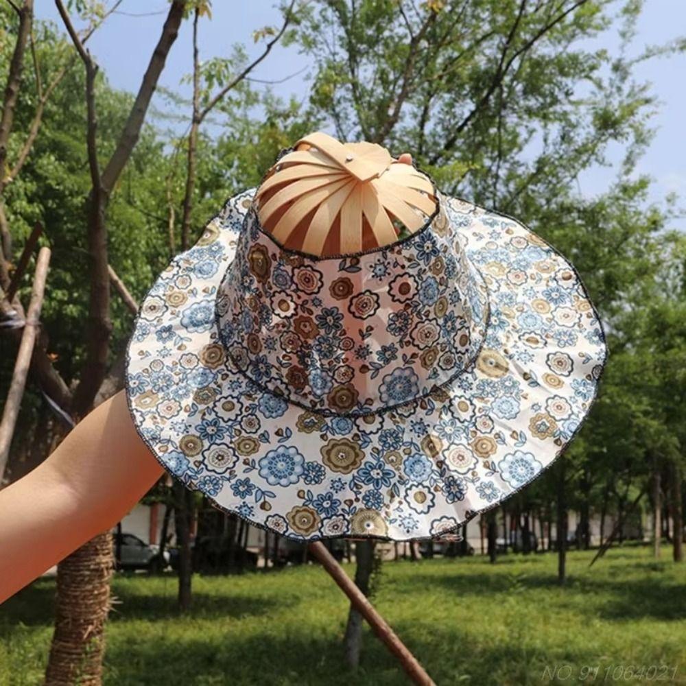 Wide Brim Folding Fan Hat Floral Printed Bamboo Sunscreen Cap Women Sunhat Fan Sun Hats  Beach