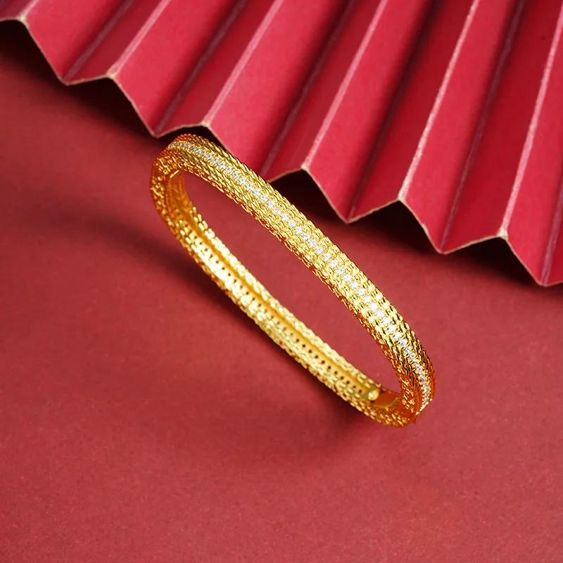 Luxury 24K 9999 Pure Gold Real Gold Women's Bracelet Light Luxury Diamond Geometric Buckle Bracelet