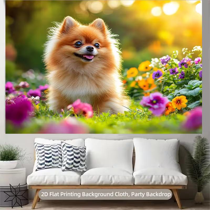 Pomeranian Puppy Tapestry Backdrop, Garden Flower Background for Photoshoot