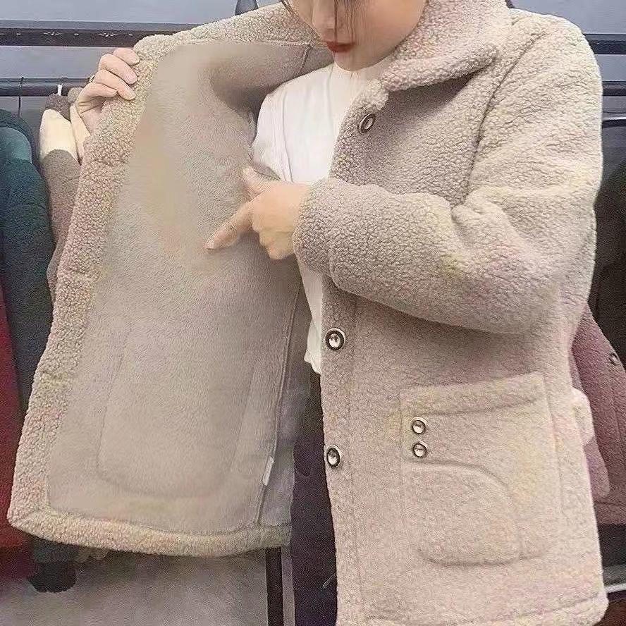 Mid-Length Fleece-Lined Faux Lamb Wool Women's Warm Coat