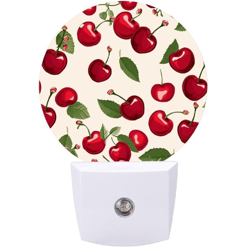 Red Cherry Pattern Night Light Plug-in Wall NightLights with Dusk to Dawn Sensor, LED Auto-On/Off Nightlight for Bedroom, Bathroom, Hallway,