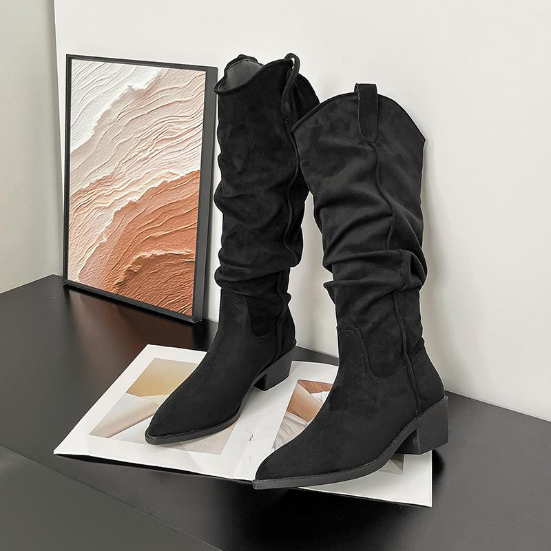 Suede Boots Women's Stacking Boots Autumn and Winter New Thick Heel Pointed V-mouth Thin Tall Western Cowboy Boots Knight Boots