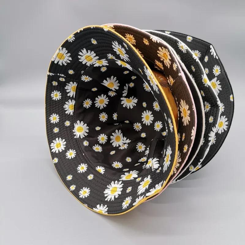 Fashion Fresh Double-sided Daisy Embroidery Summer Daisies Bucket Hat Unisex Fashion Cotton Beach Sun Floral Hat Fisherman Hat