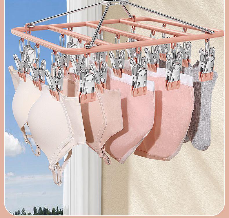 Steel Rack Drying Windproof Stainless With 24 Clips Multifunctional Clothes And Sock Hanger