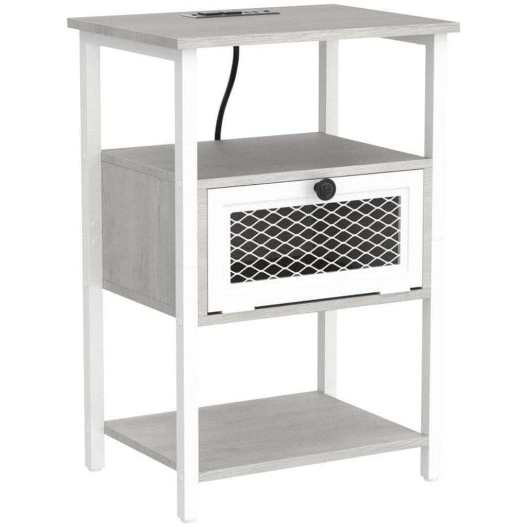 Nightstand with Charging Station, End Table with Power Outlets and USB Ports, Farmhouse Side Table with Drawer and Storage Shelf
