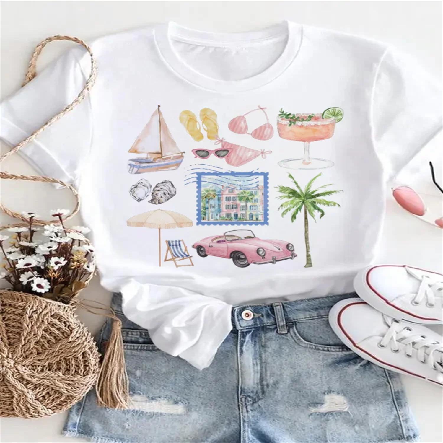 

Beach Travel Cute Women s Clothing Cartoon Round Neck 90s Casual Fashion Short Sleeve Printed Women s Basic Top Pattern T-Shirt XXXXXL білий