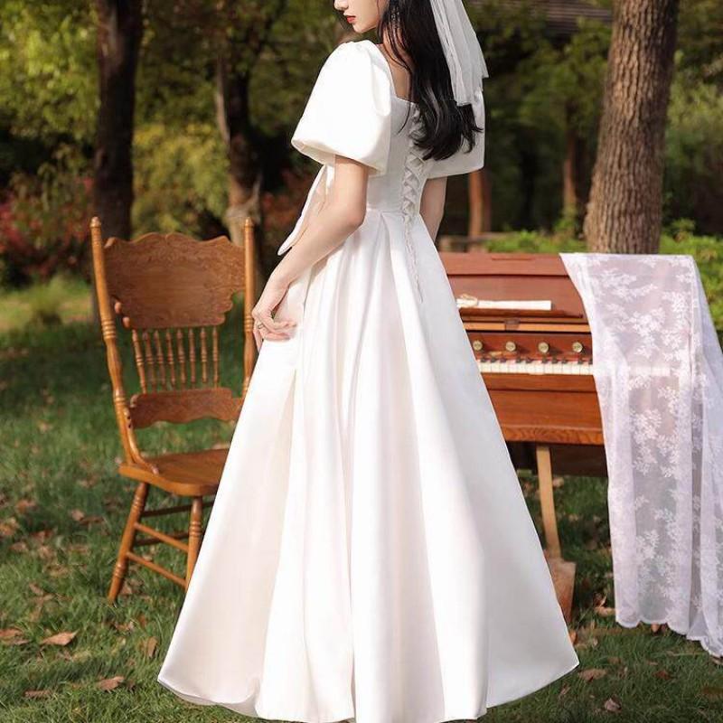Elegant White Satin Midi Dress Engagement Party Wedding Ceremony Small Stature Women 2026