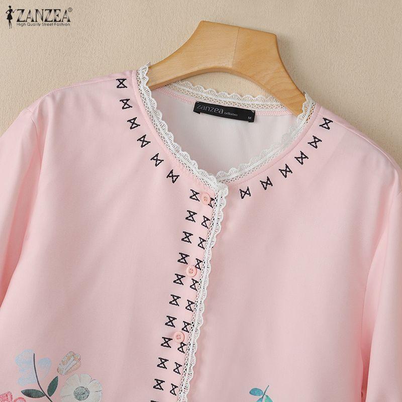 ZANZEA Women Casual Round Neck Loose Short Sleeve Floral Blouse