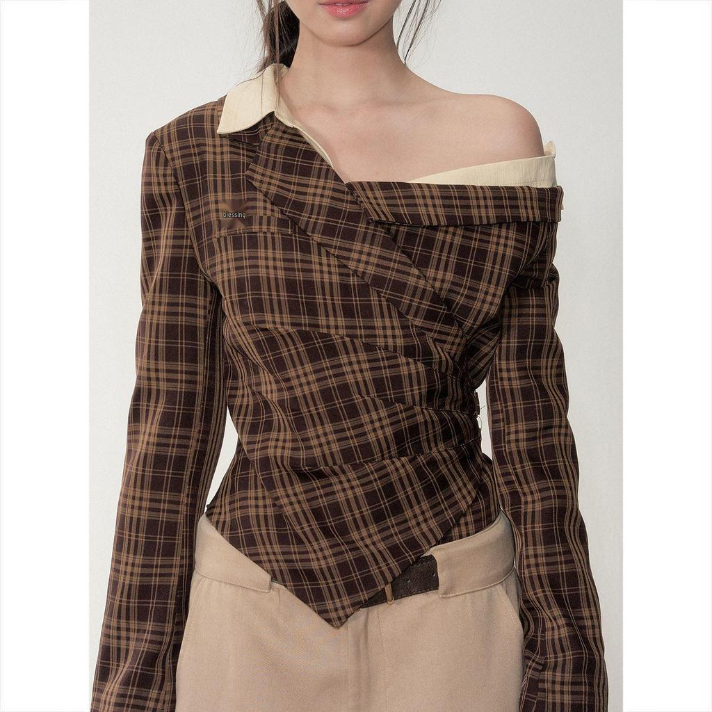 Herbst Schulterfreies Karriertes Langarmhemd für Damen, Tailliert, Schlankmachend, Wunderschönes Design