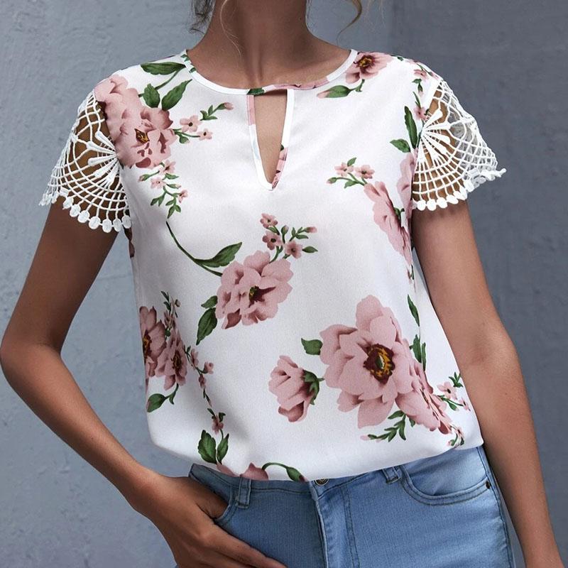 

Пуловер с круглым вырезом Кружевной топ с короткими рукавами с принтом с открытыми плечами Футболка женская T96094 S