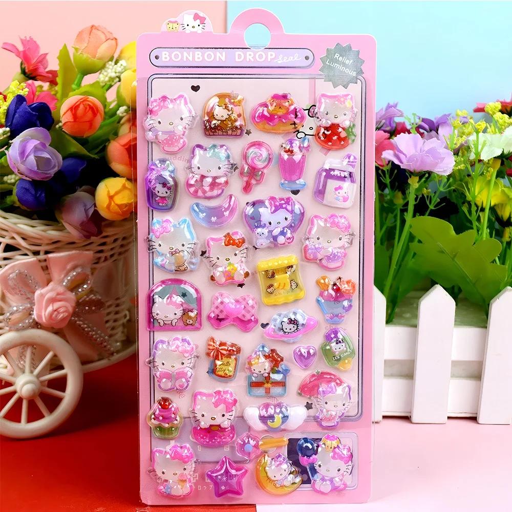 Cute Sanrio 3D Relief Stickers Kawaii Girls Kuromi Cinnamoroll My Melody Crystal Decals Decoration Sticker Packs