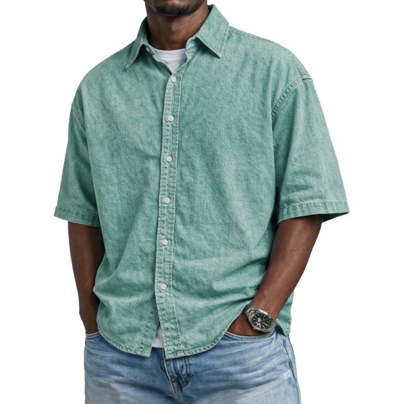 Mens Casual Loose Fit Short Sleeve Denim Shirt