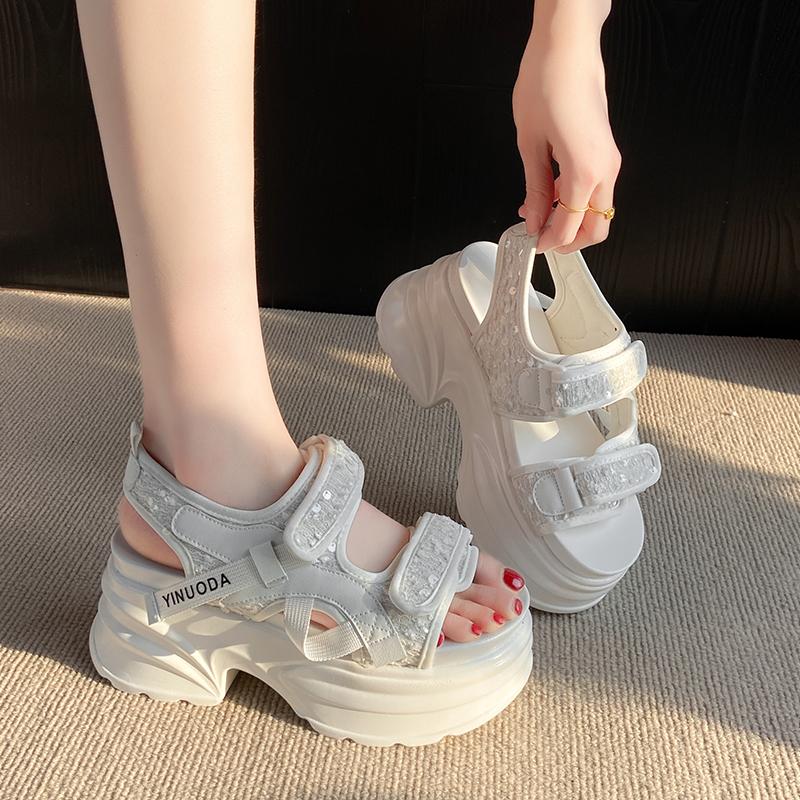 Fashion 8CM Chunky Platform Sandals Women 2025 New Summer Bling High Heels Sandals Woman Beach Casual Slides Thick Sole Walking Slippers
