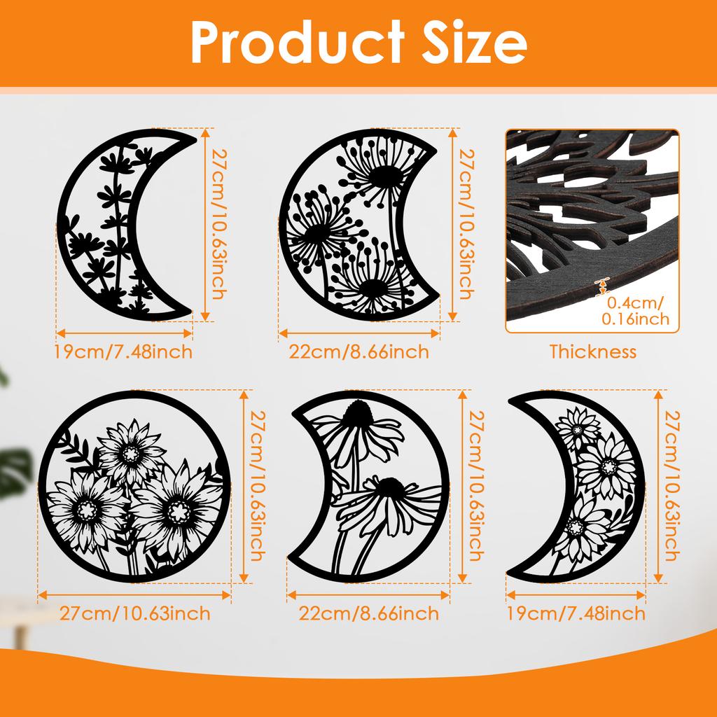 5Pcs Moon Phase Wall Hanging Decor Art Above Bed 10.6" H Boho Moon Phase Wood Wall Pediment Ornament for Living Room Bedroom