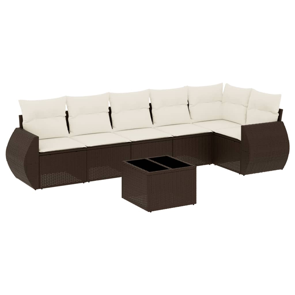7 Piece Garden Sofa Set with Cushions Brown Poly Rattan