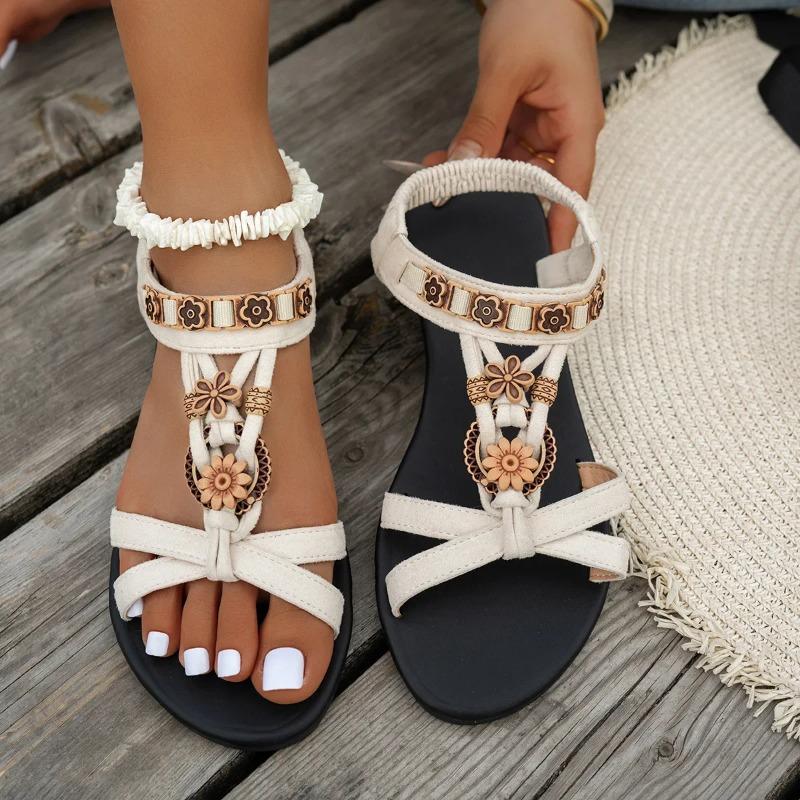 Flower Beaded Bohemian Sandals for Women Summer 2025 Roman Style Comfortable Flat Sandals Woman Lightweight Non Slip Beach Shoes