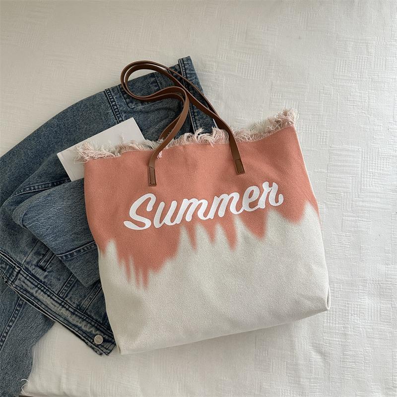 Large Capacity Fringed Bag Beach Bag Women's Shoulder Tote Bag Casual Lazy Wind Contrasting Color Handbag