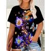 Fashion Women's Crew Neck Short Sleeve 3D Flower Color Printing Flower Short Sleeve Crew Neck T-Shirt